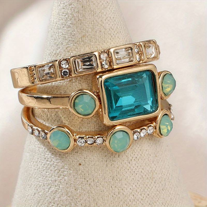 Conjunto de anillos vintage con circonita azul